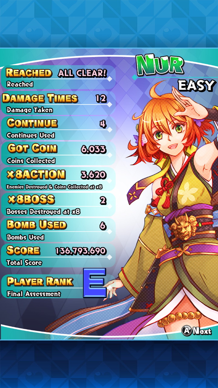 Screenshot: Sisters Royale detailed score of the character Nur on Easy difficulty showing a score of 136 793 690, rank E